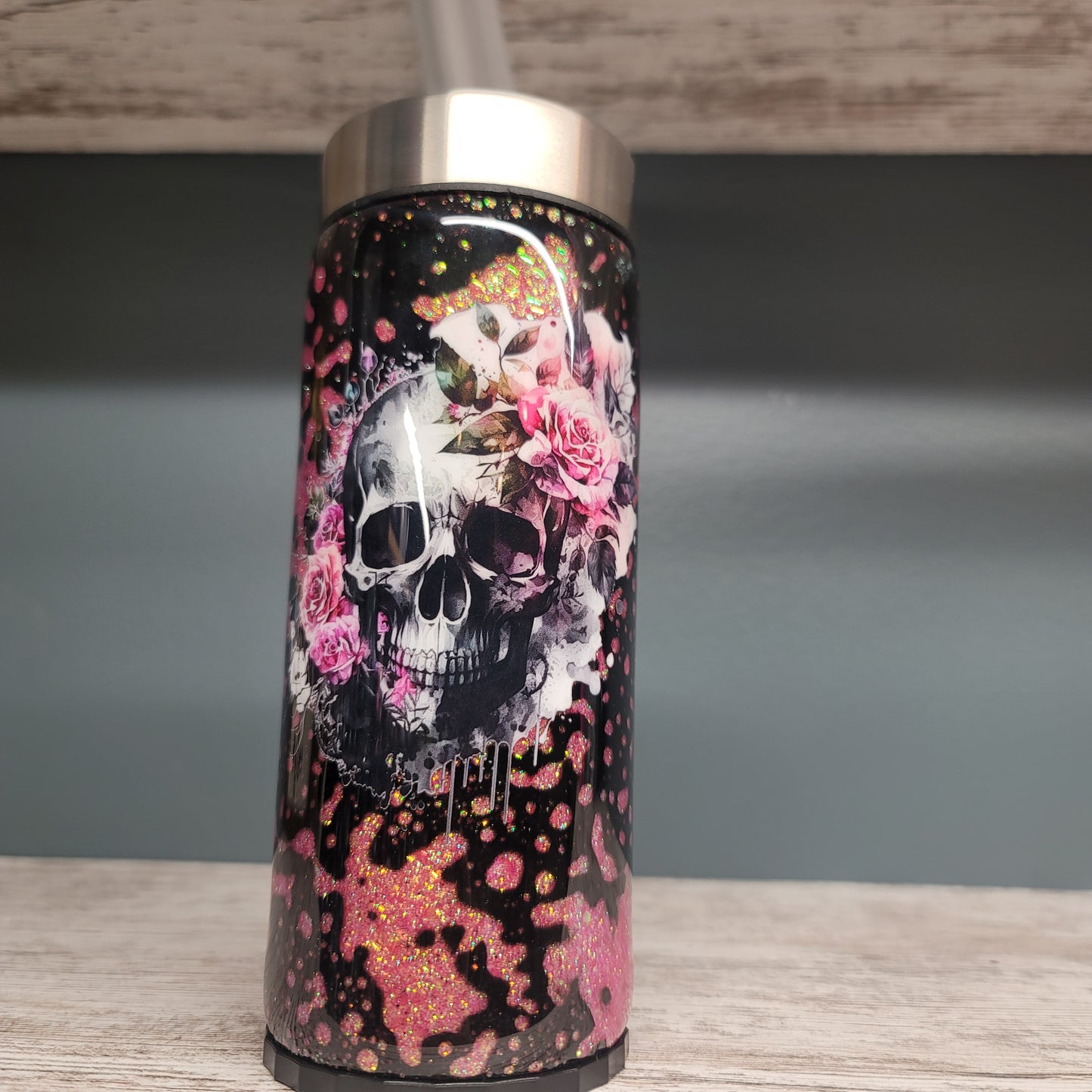 12oz Slim Can Coozie- Pink black powerwash Skull