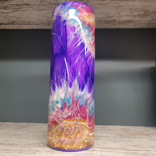 30oz Skinny- Purple woodgrain- Teal pink flower