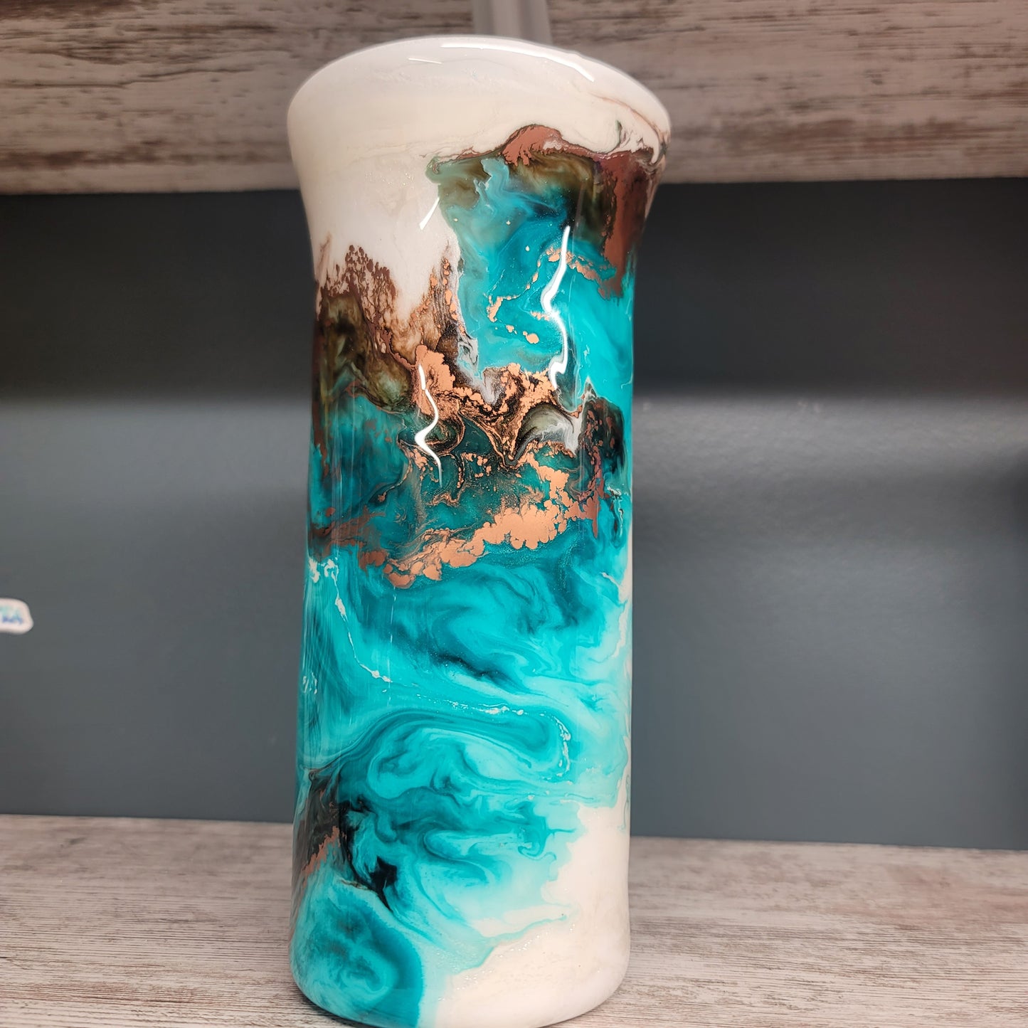 Glass Flower vase- Teal White Swirl