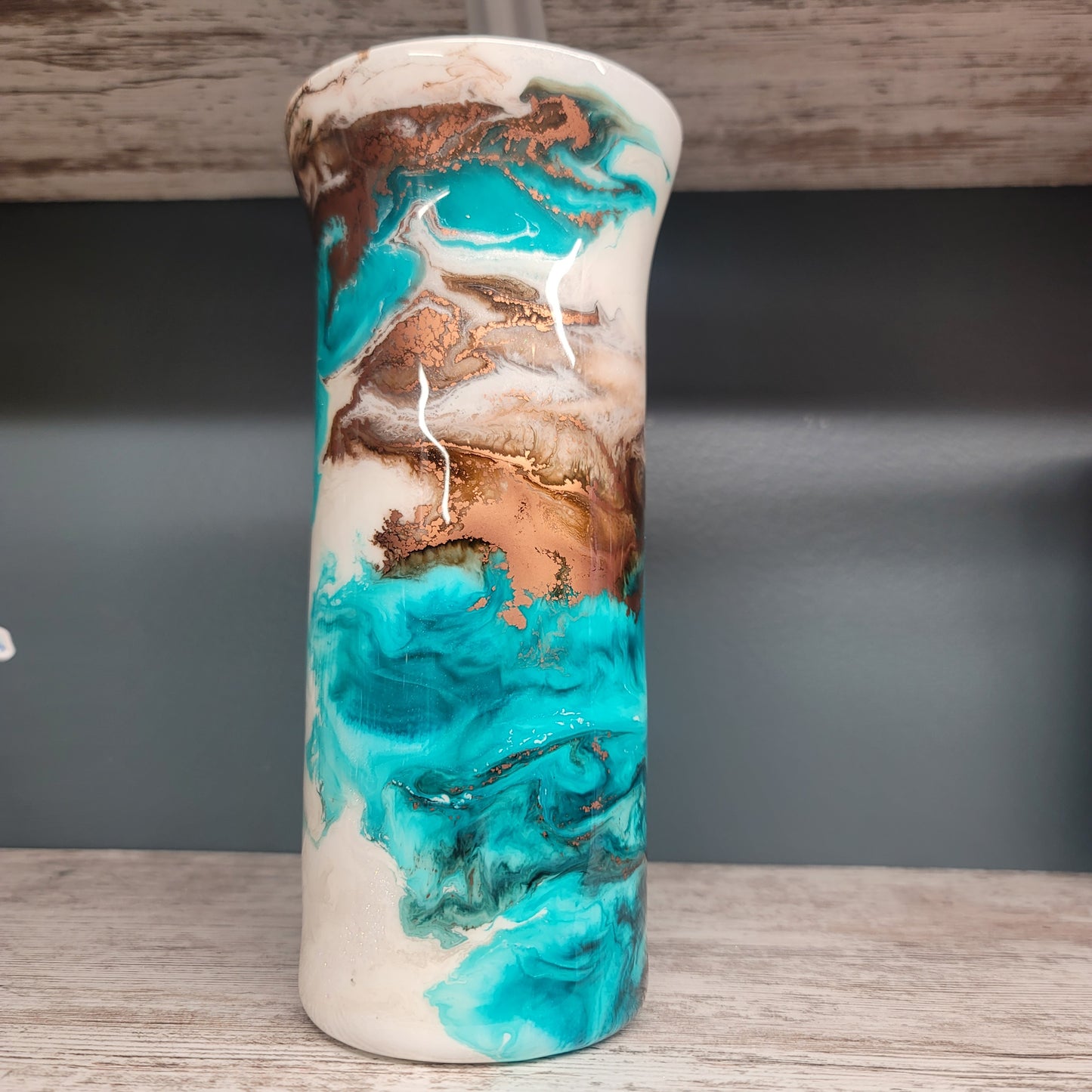 Glass Flower vase- Teal White Swirl