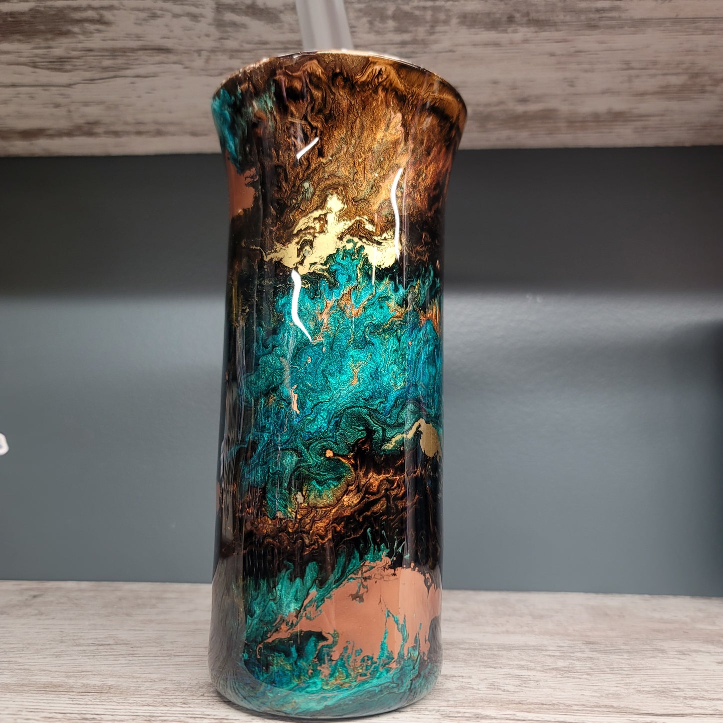 Glass Flower vase- Teal Brown Swirl