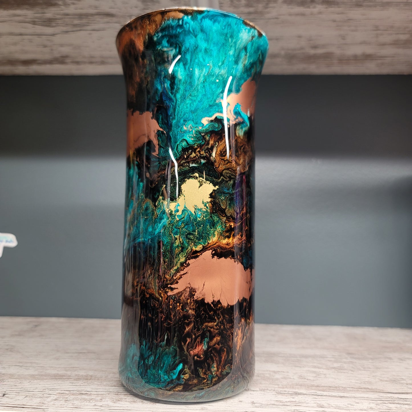 Glass Flower vase- Teal Brown Swirl